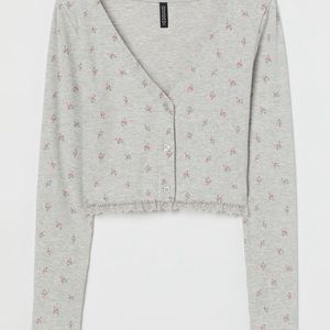 Divided H&M Grey Flower Ribbed Jersey Cardigan, Medium